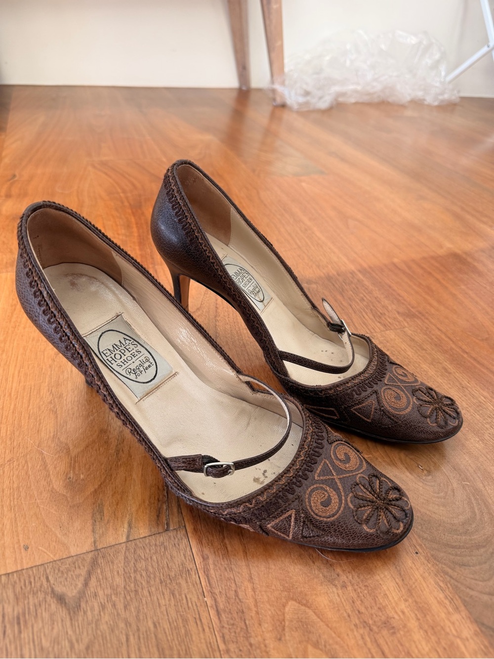 Emma Hope’s Brown Embroidered Leather Mary Jane Pumps